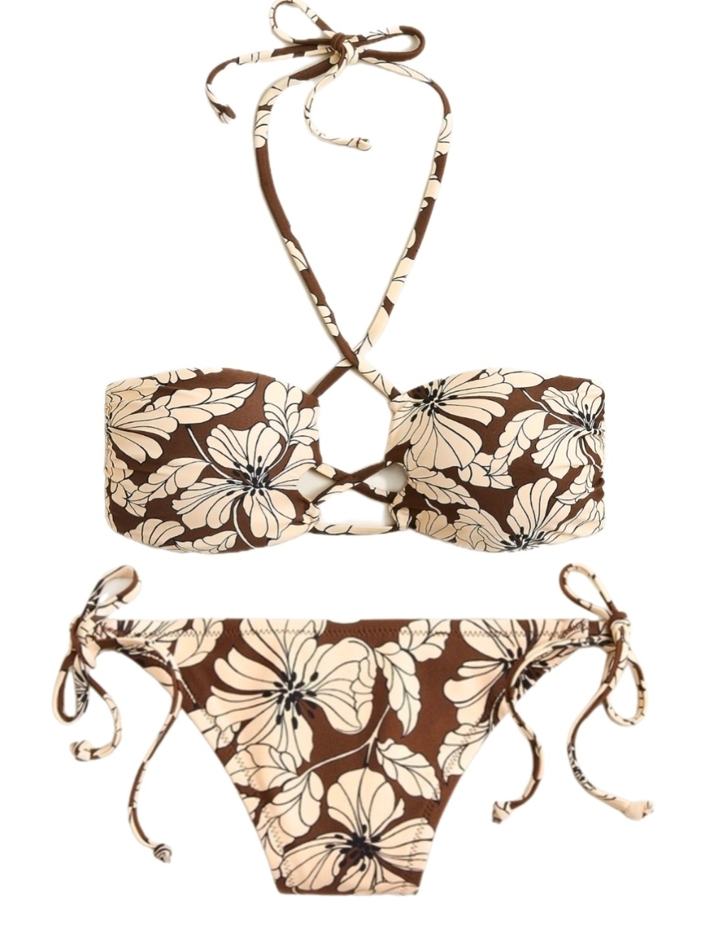 NWT & LINER J.Crew Brown Tropical Cream Floral Tie-Side Bandeau Bikini Set Sz L